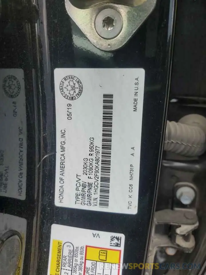 13 Фотография поврежденного автомобиля 1HGCV2F90KA801977 HONDA ACCORD 2019