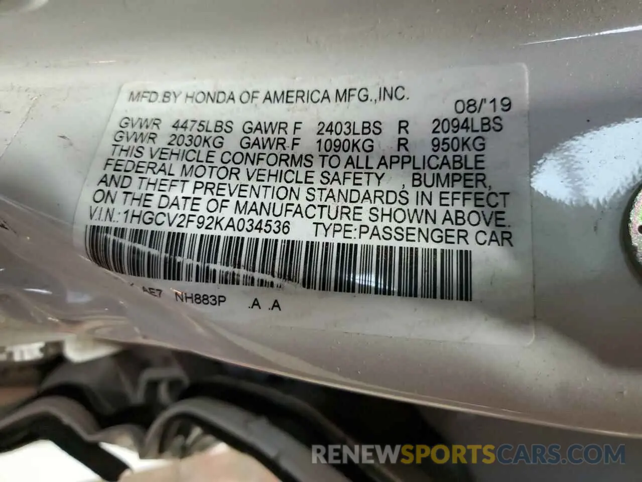 14 Photograph of a damaged car 1HGCV2F92KA034536 HONDA ACCORD 2019