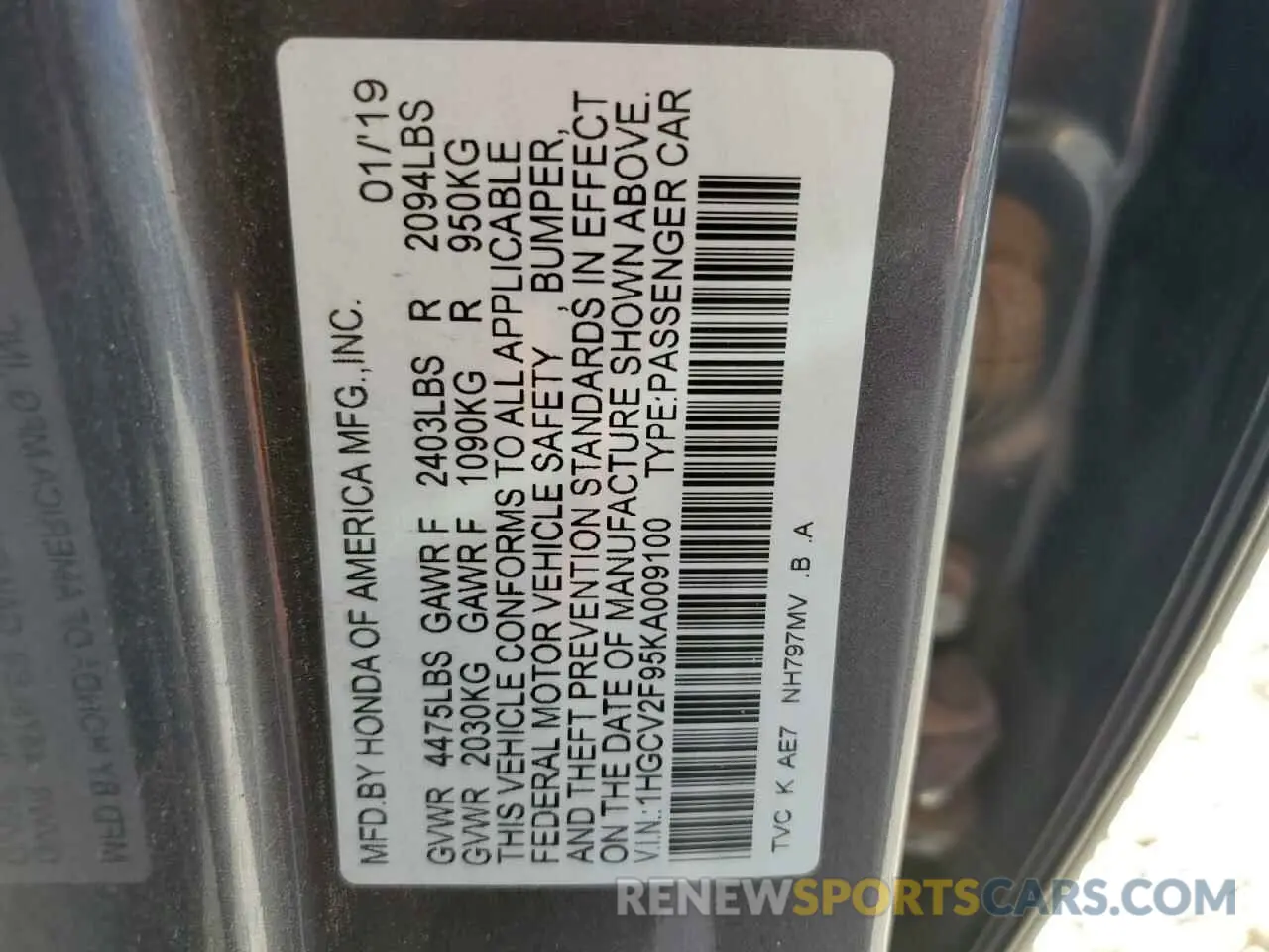 12 Photograph of a damaged car 1HGCV2F95KA009100 HONDA ACCORD 2019