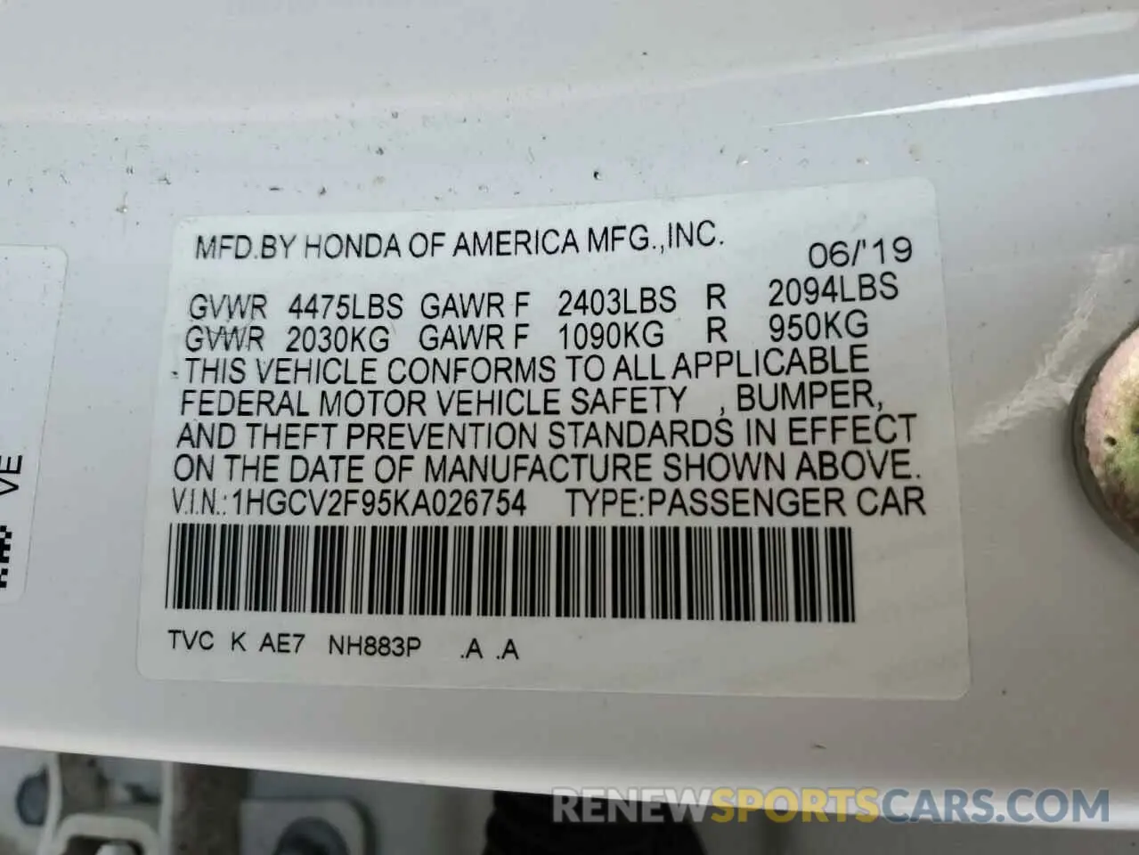 12 Фотография поврежденного автомобиля 1HGCV2F95KA026754 HONDA ACCORD 2019