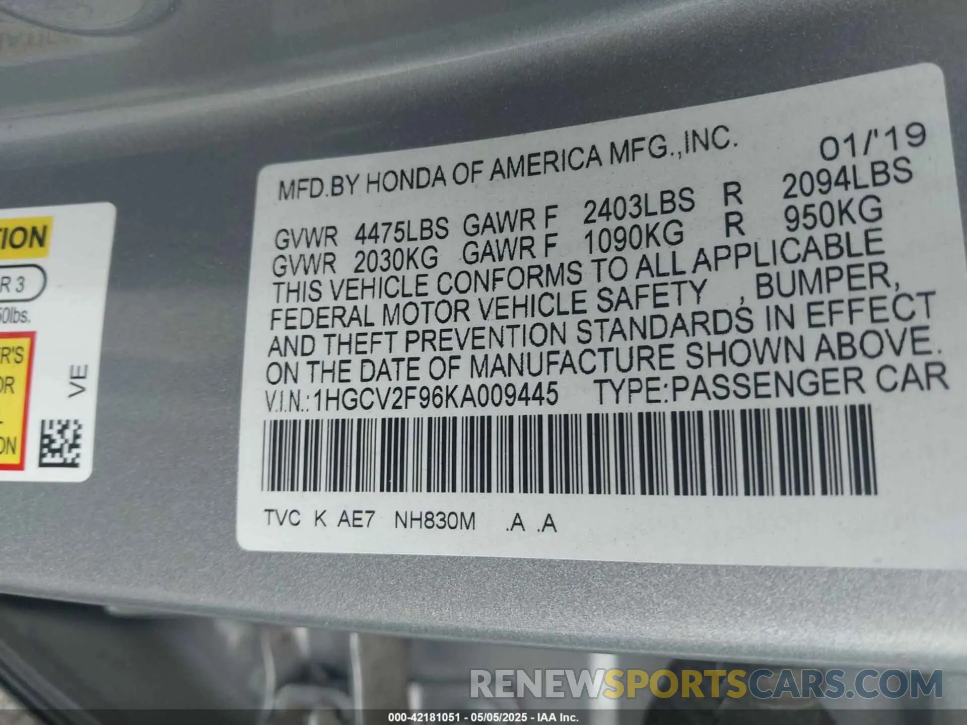 9 Photograph of a damaged car 1HGCV2F96KA009445 HONDA ACCORD 2019
