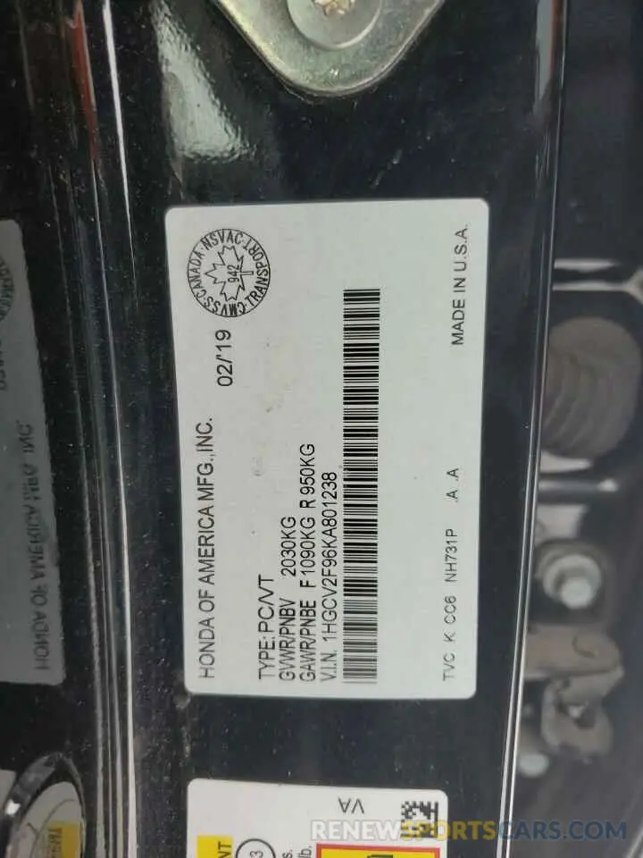 12 Фотография поврежденного автомобиля 1HGCV2F96KA801238 HONDA ACCORD 2019