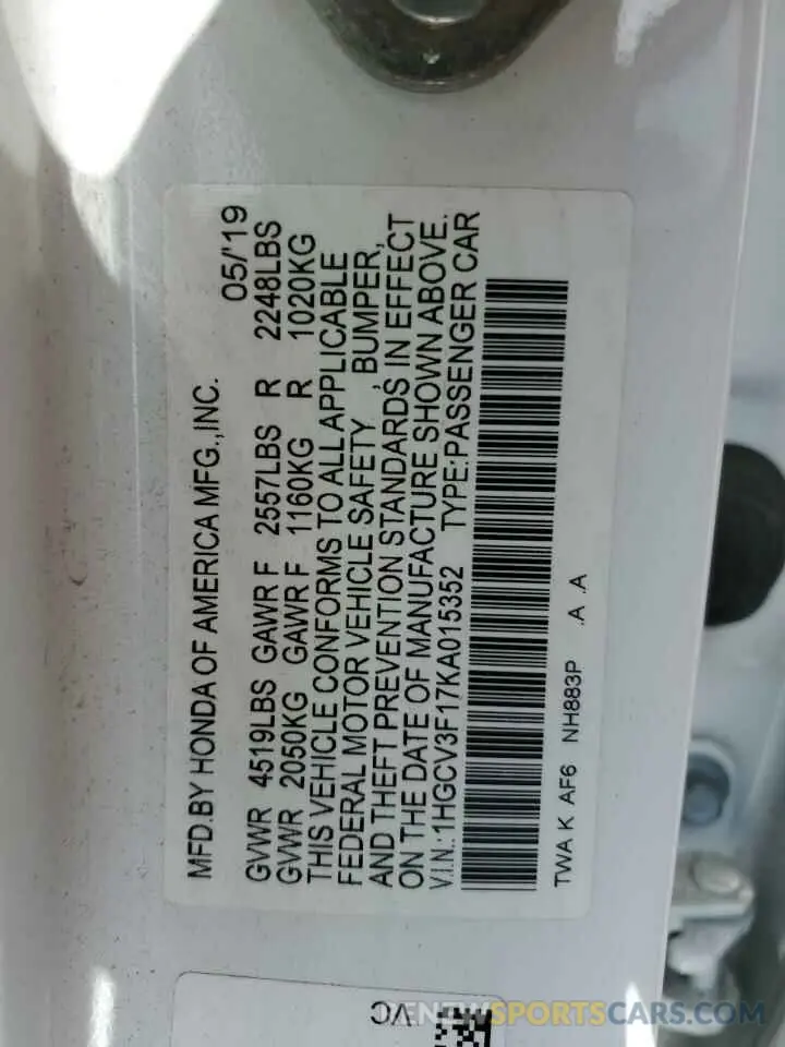 13 Photograph of a damaged car 1HGCV3F17KA015352 HONDA ACCORD 2019