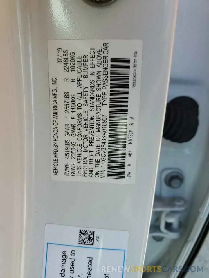 12 Фотография поврежденного автомобиля 1HGCV3F43KA018937 HONDA ACCORD 2019