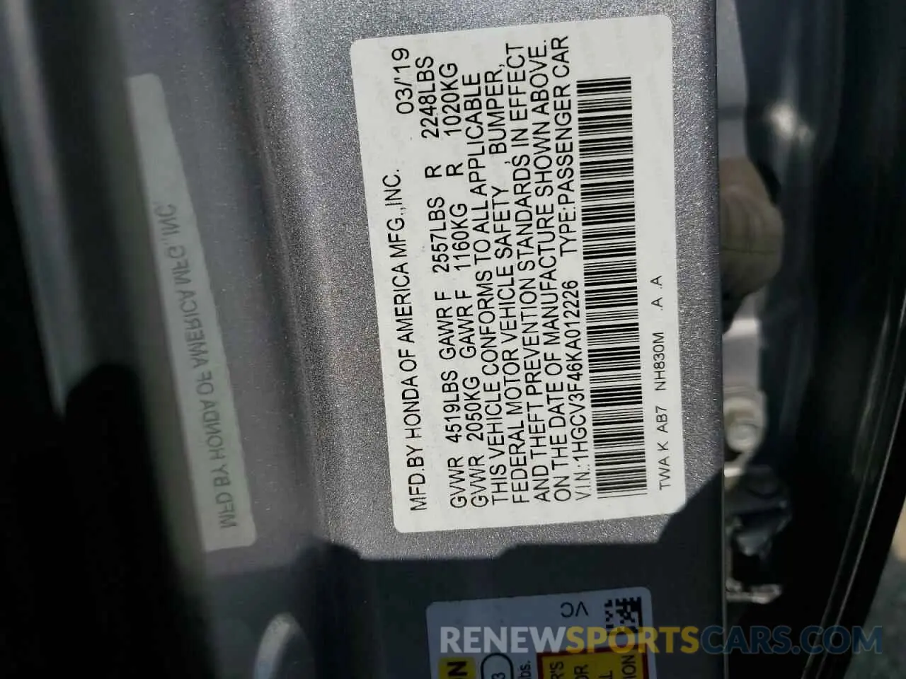 12 Фотография поврежденного автомобиля 1HGCV3F46KA012226 HONDA ACCORD 2019