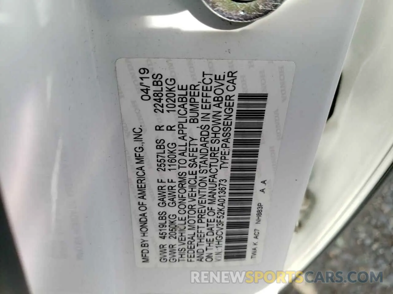 12 Photograph of a damaged car 1HGCV3F52KA013673 HONDA ACCORD 2019
