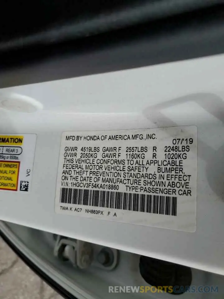 14 Photograph of a damaged car 1HGCV3F54KA018860 HONDA ACCORD 2019
