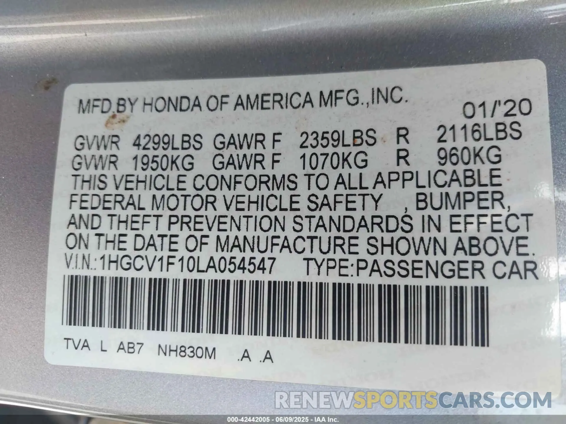 9 Photograph of a damaged car 1HGCV1F10LA054547 HONDA ACCORD 2020