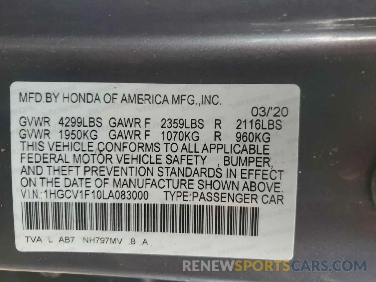 12 Фотография поврежденного автомобиля 1HGCV1F10LA083000 HONDA ACCORD 2020