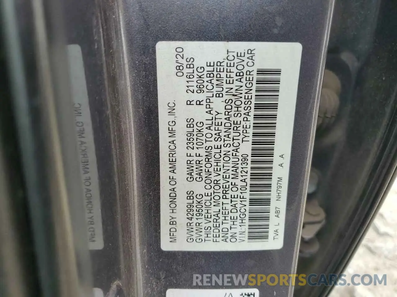 12 Photograph of a damaged car 1HGCV1F10LA121390 HONDA ACCORD 2020