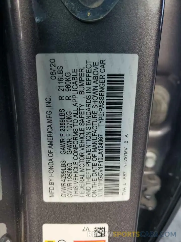 12 Photograph of a damaged car 1HGCV1F10LA124967 HONDA ACCORD 2020