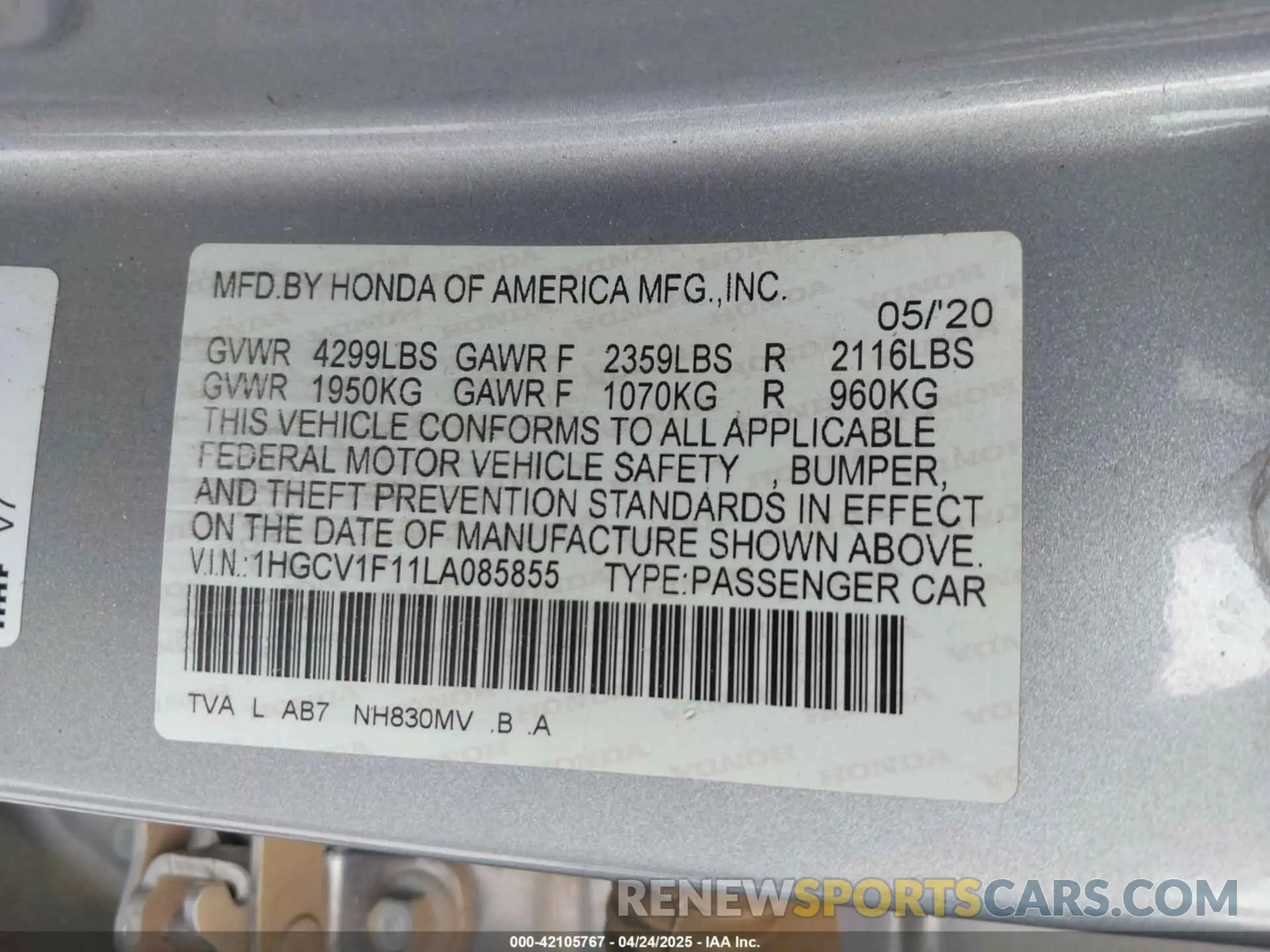 9 Photograph of a damaged car 1HGCV1F11LA085855 HONDA ACCORD 2020