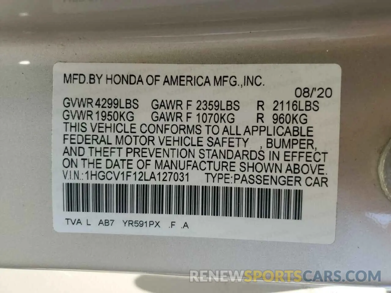 15 Photograph of a damaged car 1HGCV1F12LA127031 HONDA ACCORD 2020