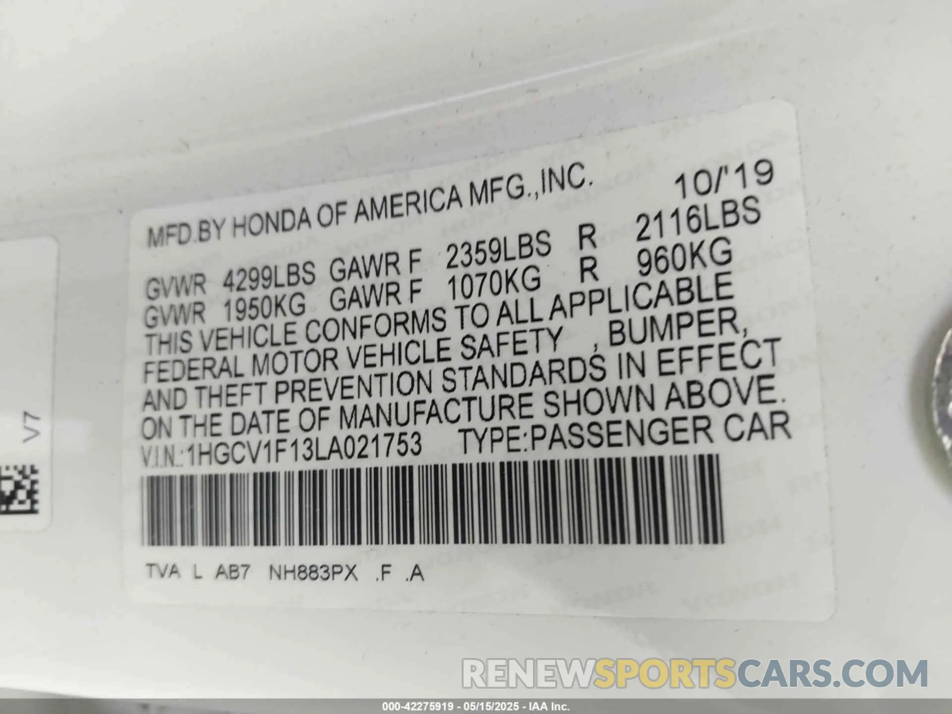 9 Photograph of a damaged car 1HGCV1F13LA021753 HONDA ACCORD 2020