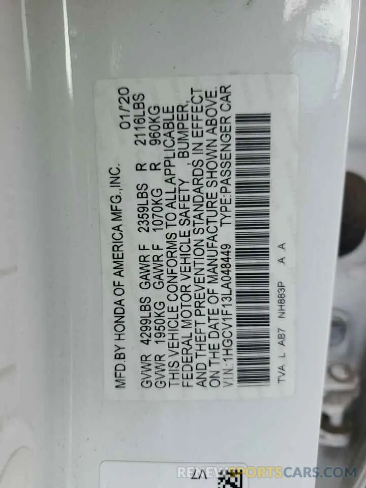 12 Фотография поврежденного автомобиля 1HGCV1F13LA048449 HONDA ACCORD 2020