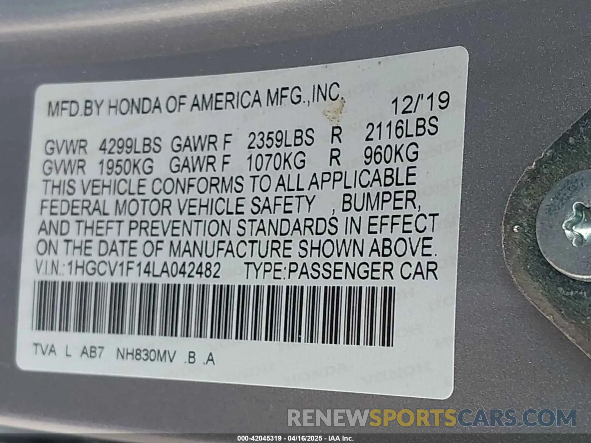 9 Photograph of a damaged car 1HGCV1F14LA042482 HONDA ACCORD 2020