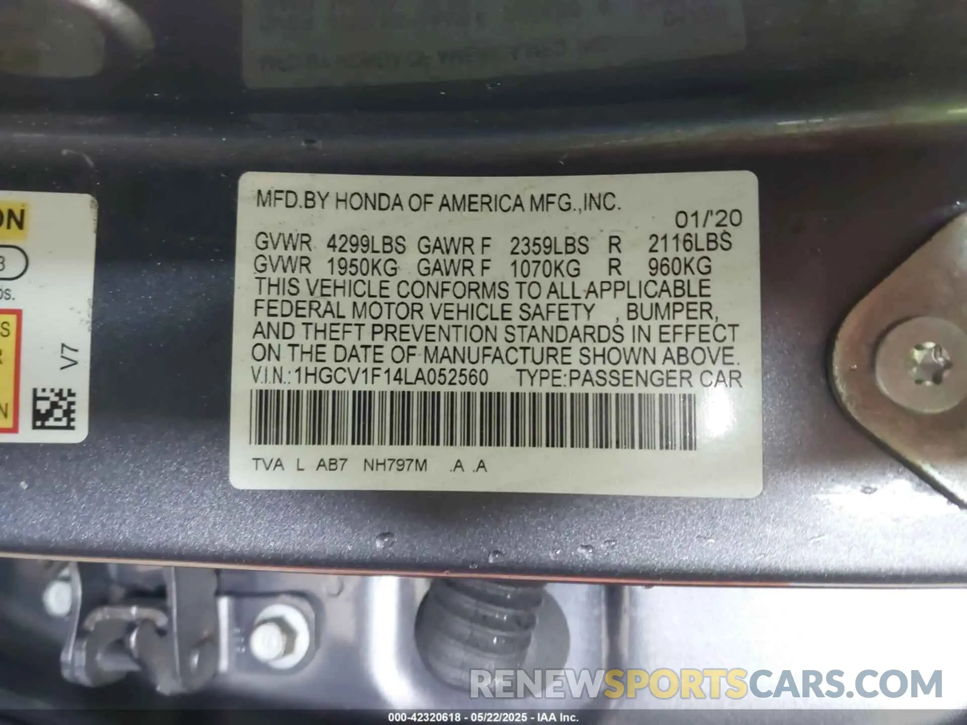 9 Photograph of a damaged car 1HGCV1F14LA052560 HONDA ACCORD 2020