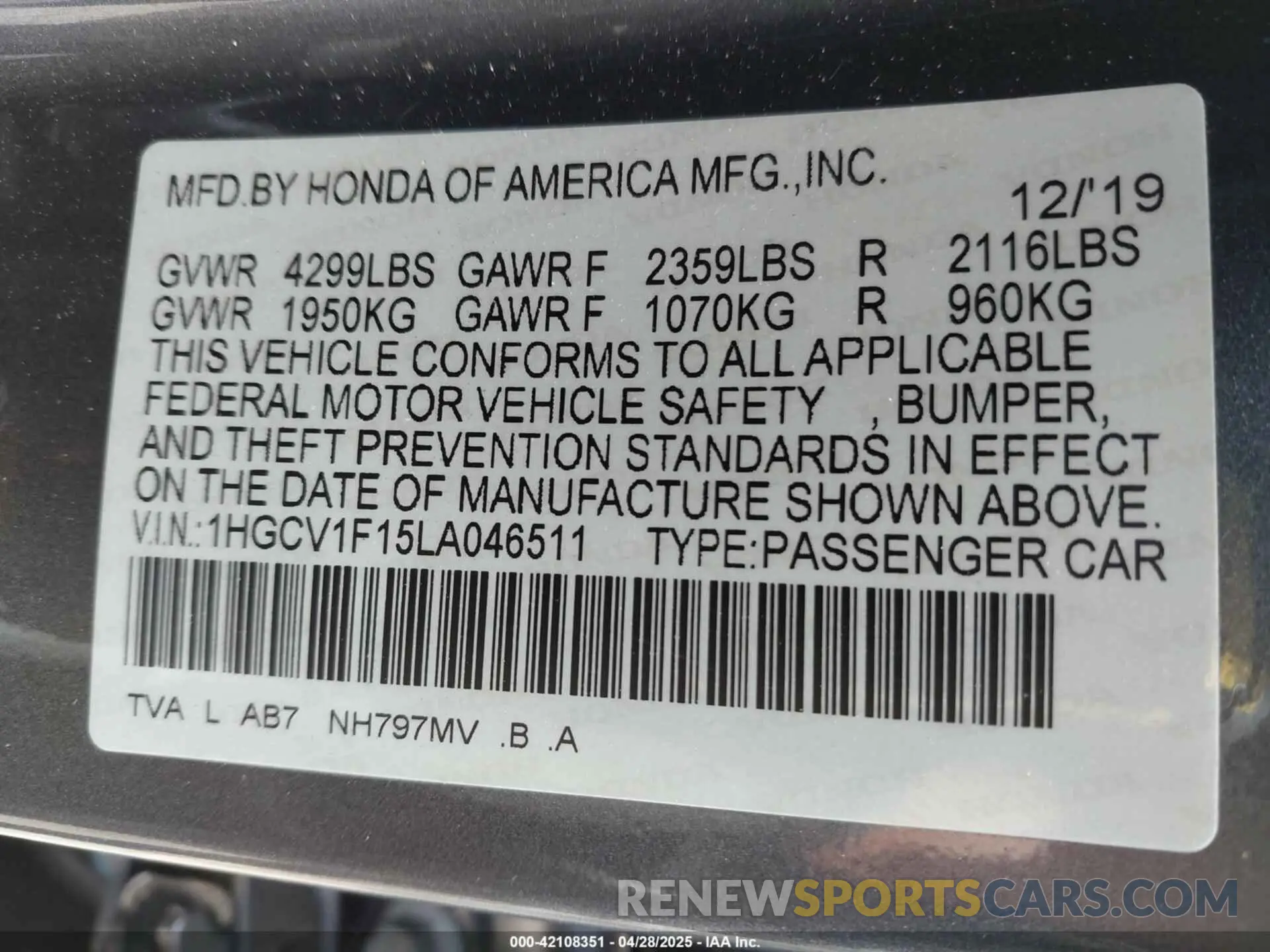 9 Фотография поврежденного автомобиля 1HGCV1F15LA046511 HONDA ACCORD 2020