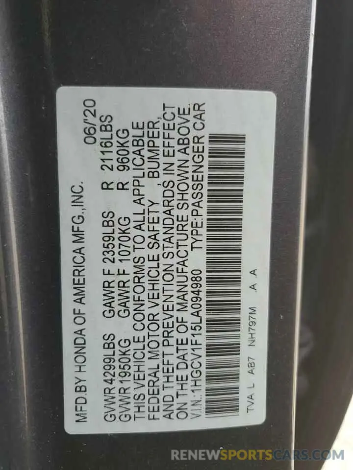 13 Photograph of a damaged car 1HGCV1F15LA094980 HONDA ACCORD 2020