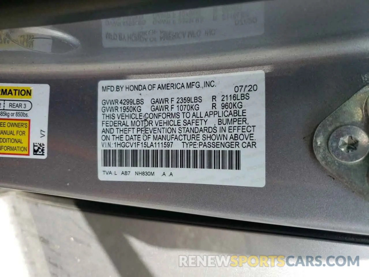 12 Фотография поврежденного автомобиля 1HGCV1F15LA111597 HONDA ACCORD 2020