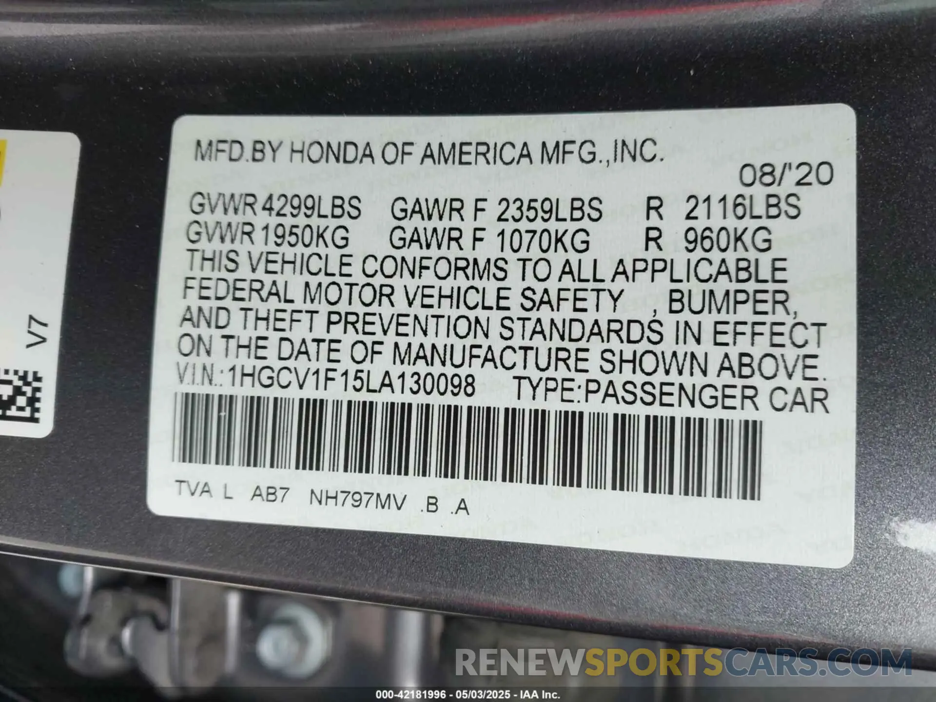 12 Photograph of a damaged car 1HGCV1F15LA130098 HONDA ACCORD 2020