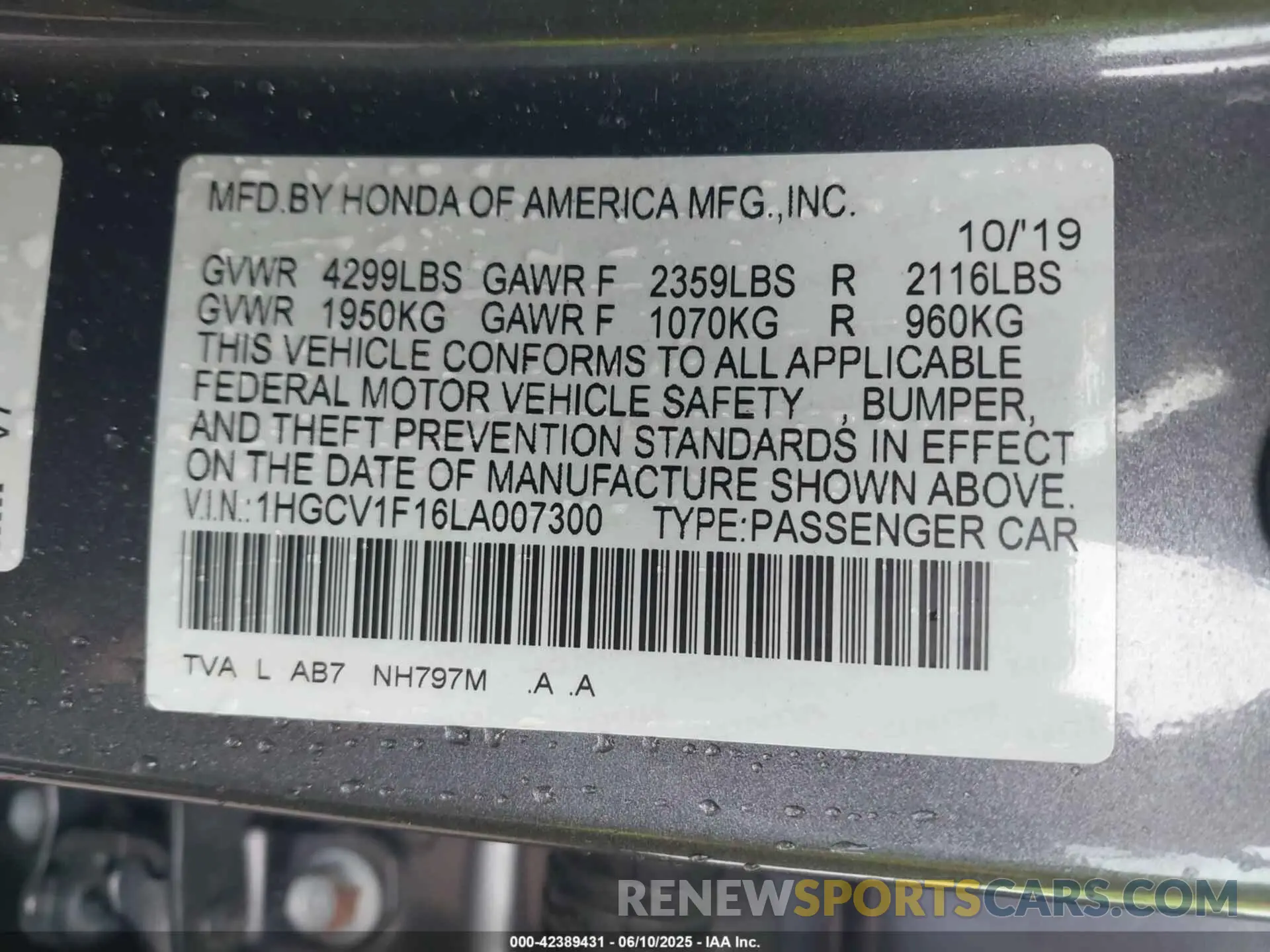 9 Photograph of a damaged car 1HGCV1F16LA007300 HONDA ACCORD 2020