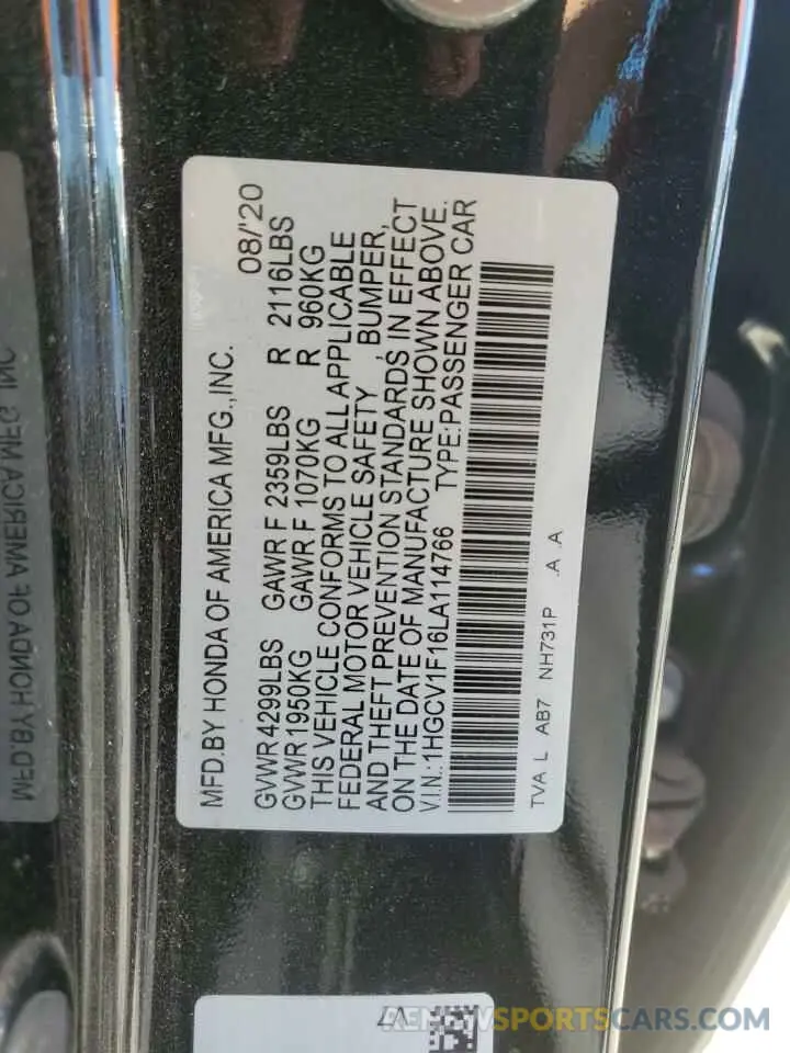 12 Photograph of a damaged car 1HGCV1F16LA114766 HONDA ACCORD 2020