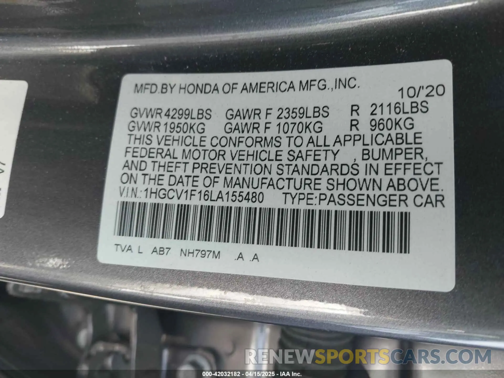 9 Photograph of a damaged car 1HGCV1F16LA155480 HONDA ACCORD 2020