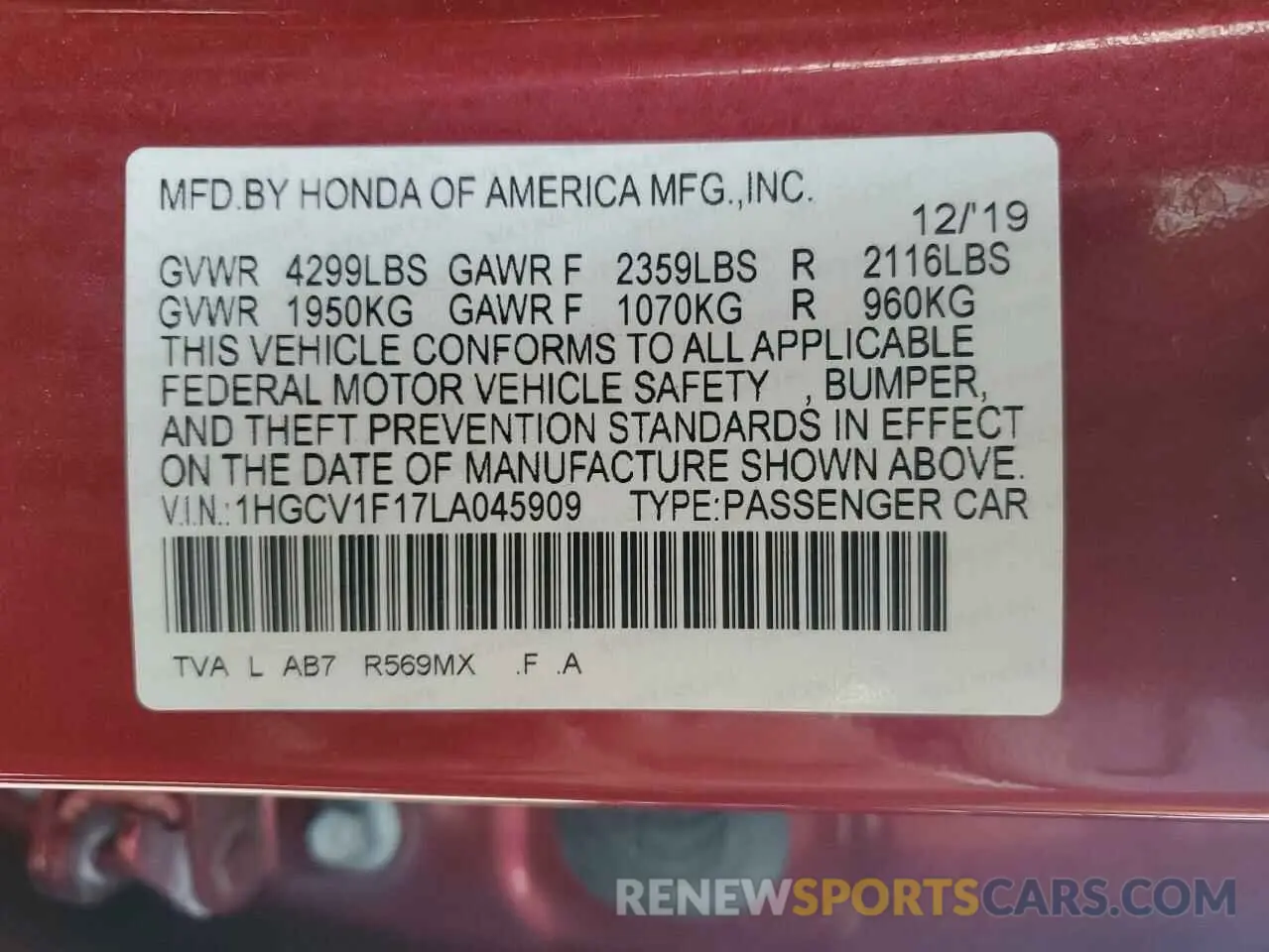 13 Photograph of a damaged car 1HGCV1F17LA045909 HONDA ACCORD 2020