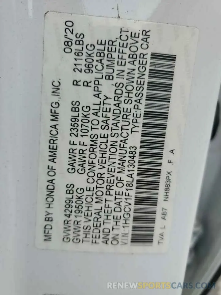 12 Фотография поврежденного автомобиля 1HGCV1F18LA130483 HONDA ACCORD 2020