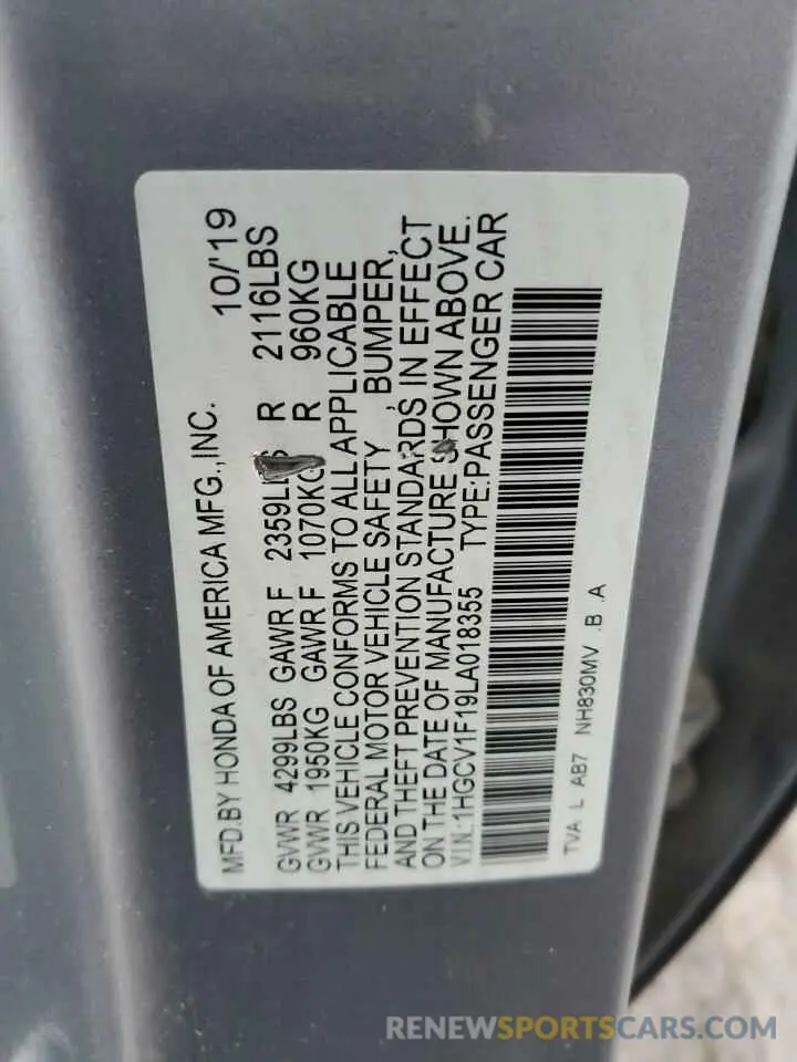 13 Фотография поврежденного автомобиля 1HGCV1F19LA018355 HONDA ACCORD 2020