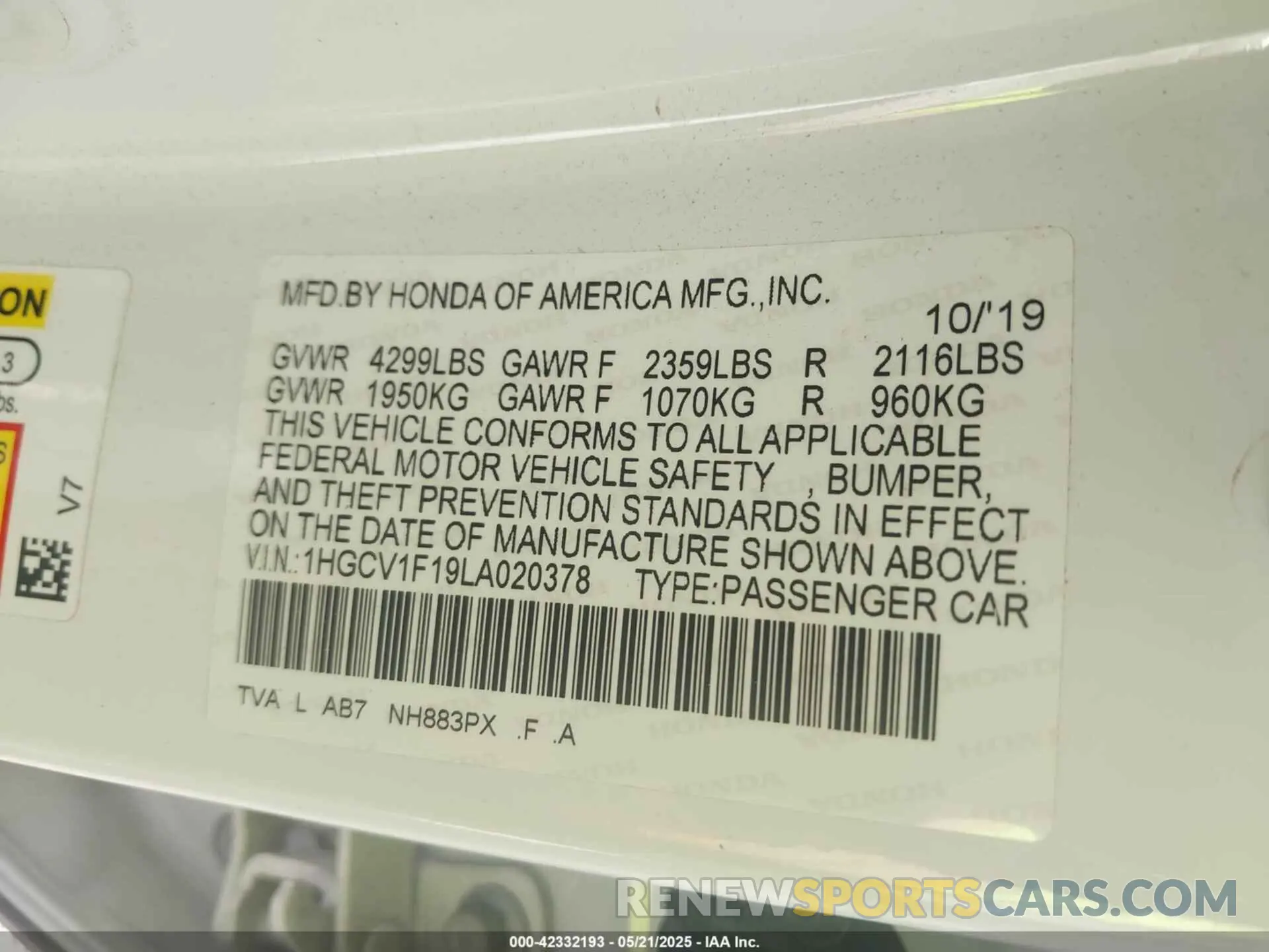9 Photograph of a damaged car 1HGCV1F19LA020378 HONDA ACCORD 2020