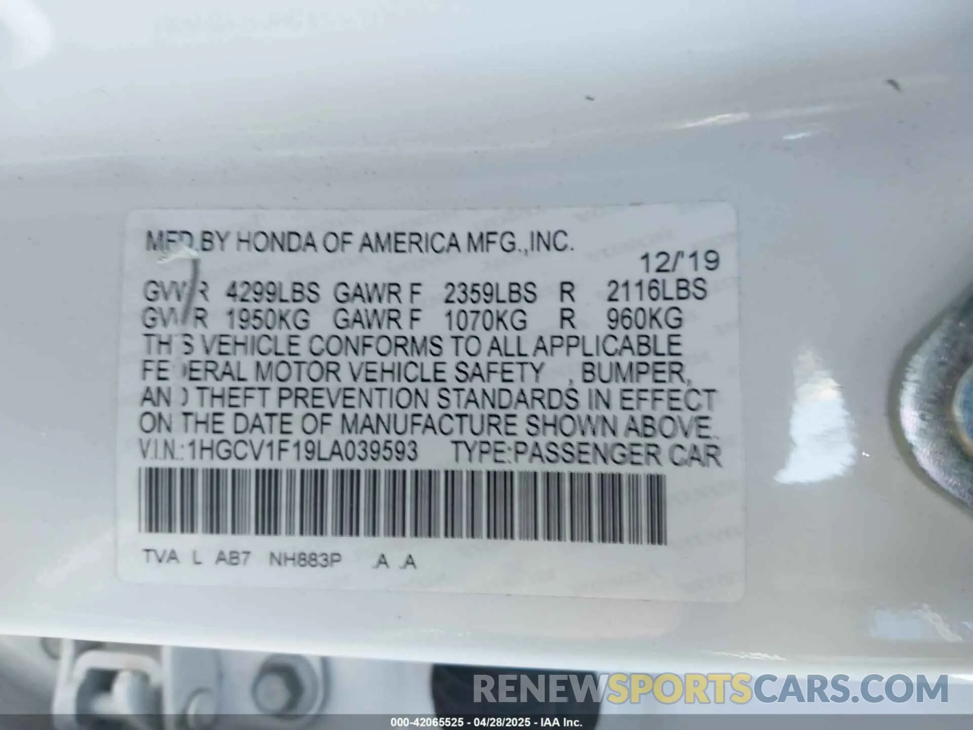 9 Photograph of a damaged car 1HGCV1F19LA039593 HONDA ACCORD 2020