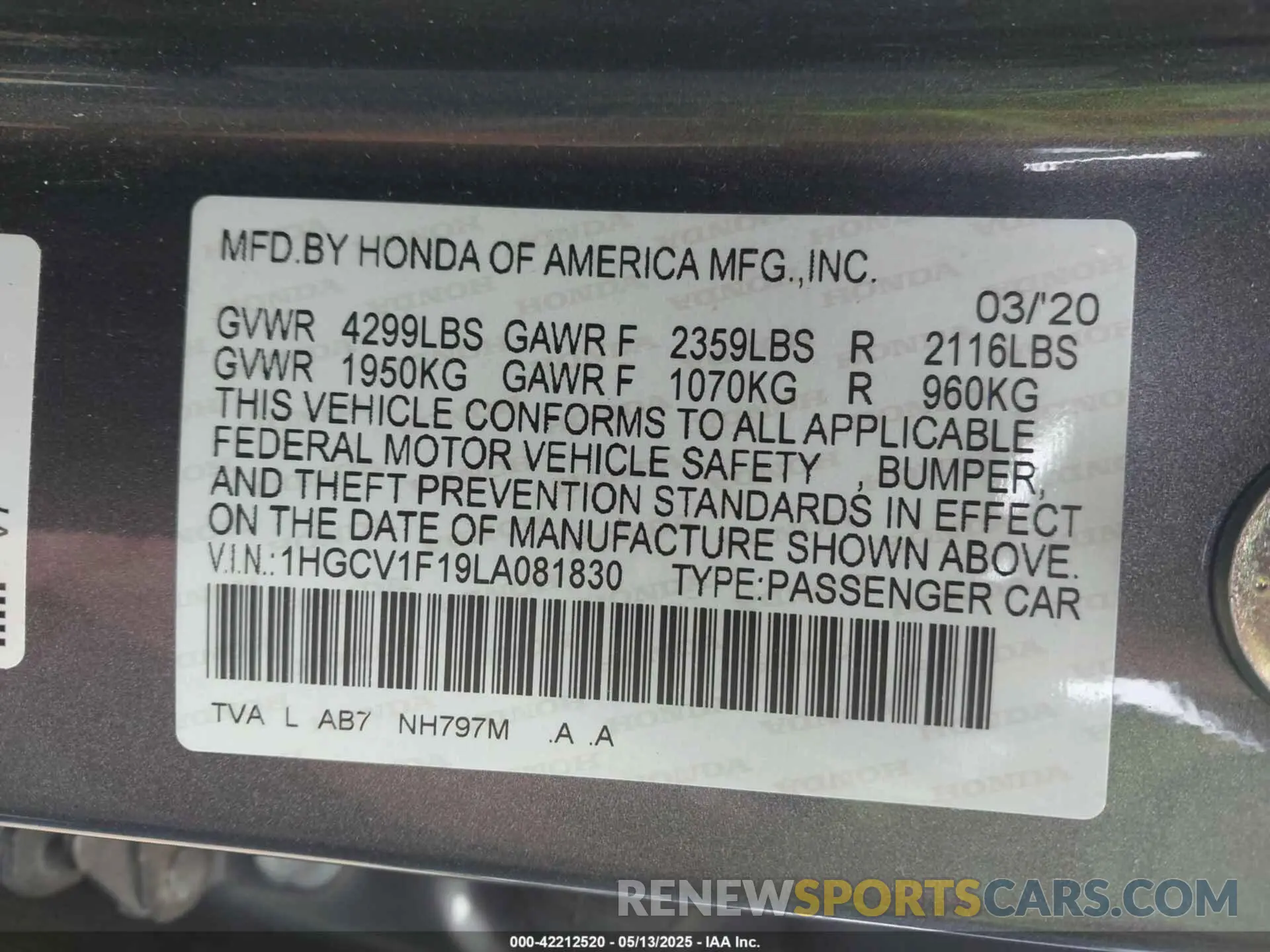 9 Photograph of a damaged car 1HGCV1F19LA081830 HONDA ACCORD 2020