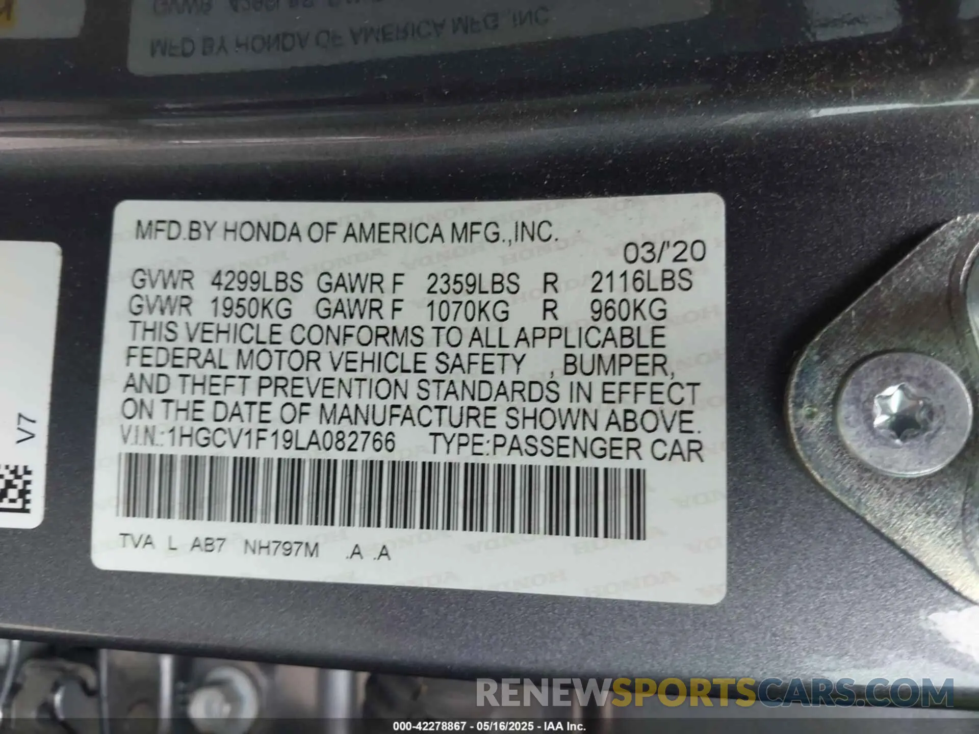 9 Photograph of a damaged car 1HGCV1F19LA082766 HONDA ACCORD 2020