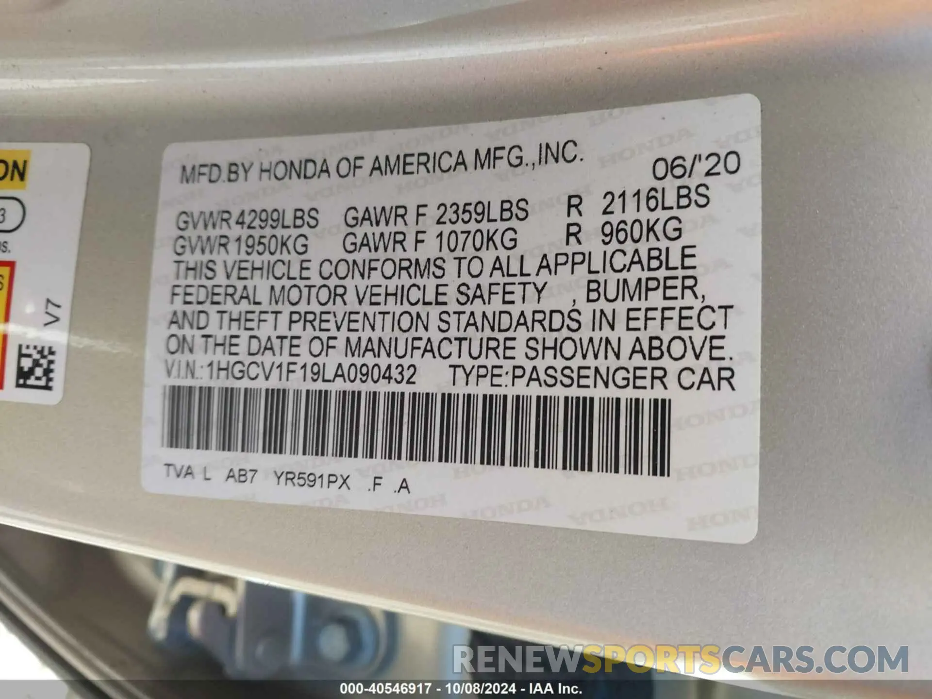 9 Photograph of a damaged car 1HGCV1F19LA090432 HONDA ACCORD 2020