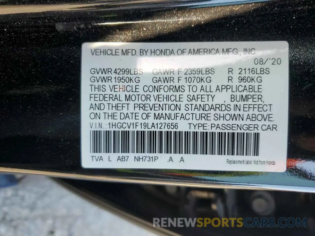 13 Photograph of a damaged car 1HGCV1F19LA127656 HONDA ACCORD 2020