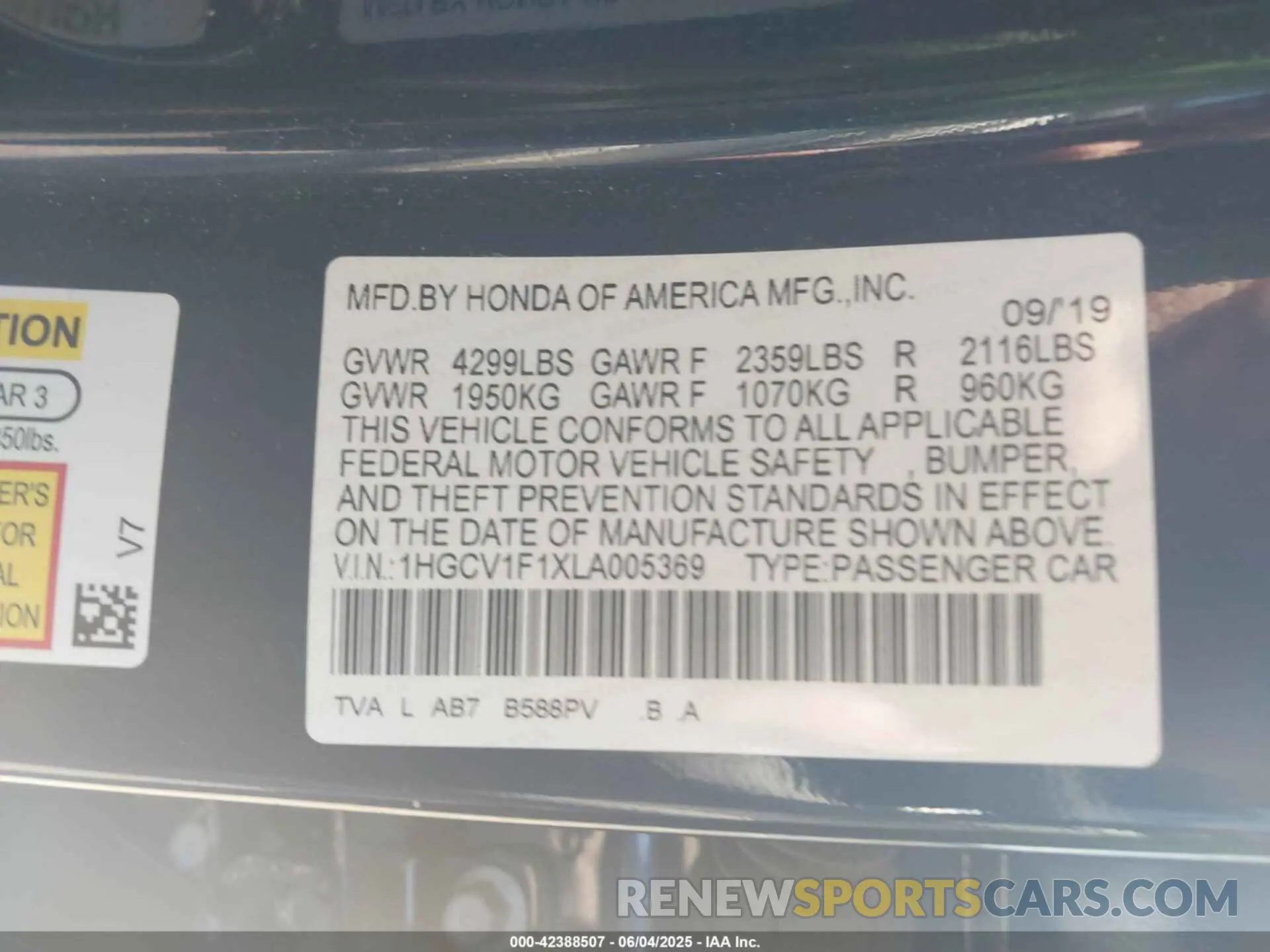 9 Photograph of a damaged car 1HGCV1F1XLA005369 HONDA ACCORD 2020