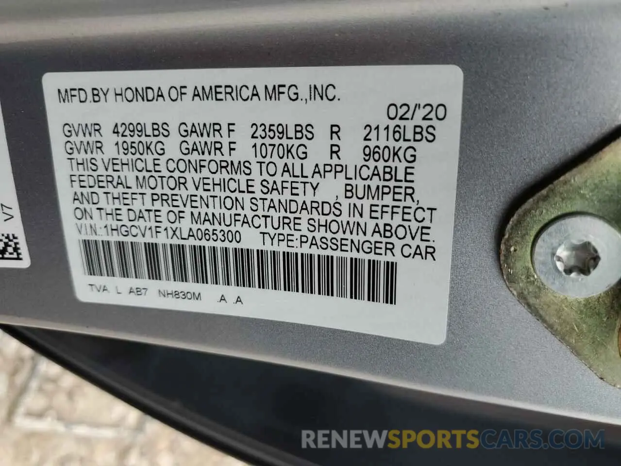 14 Photograph of a damaged car 1HGCV1F1XLA065300 HONDA ACCORD 2020