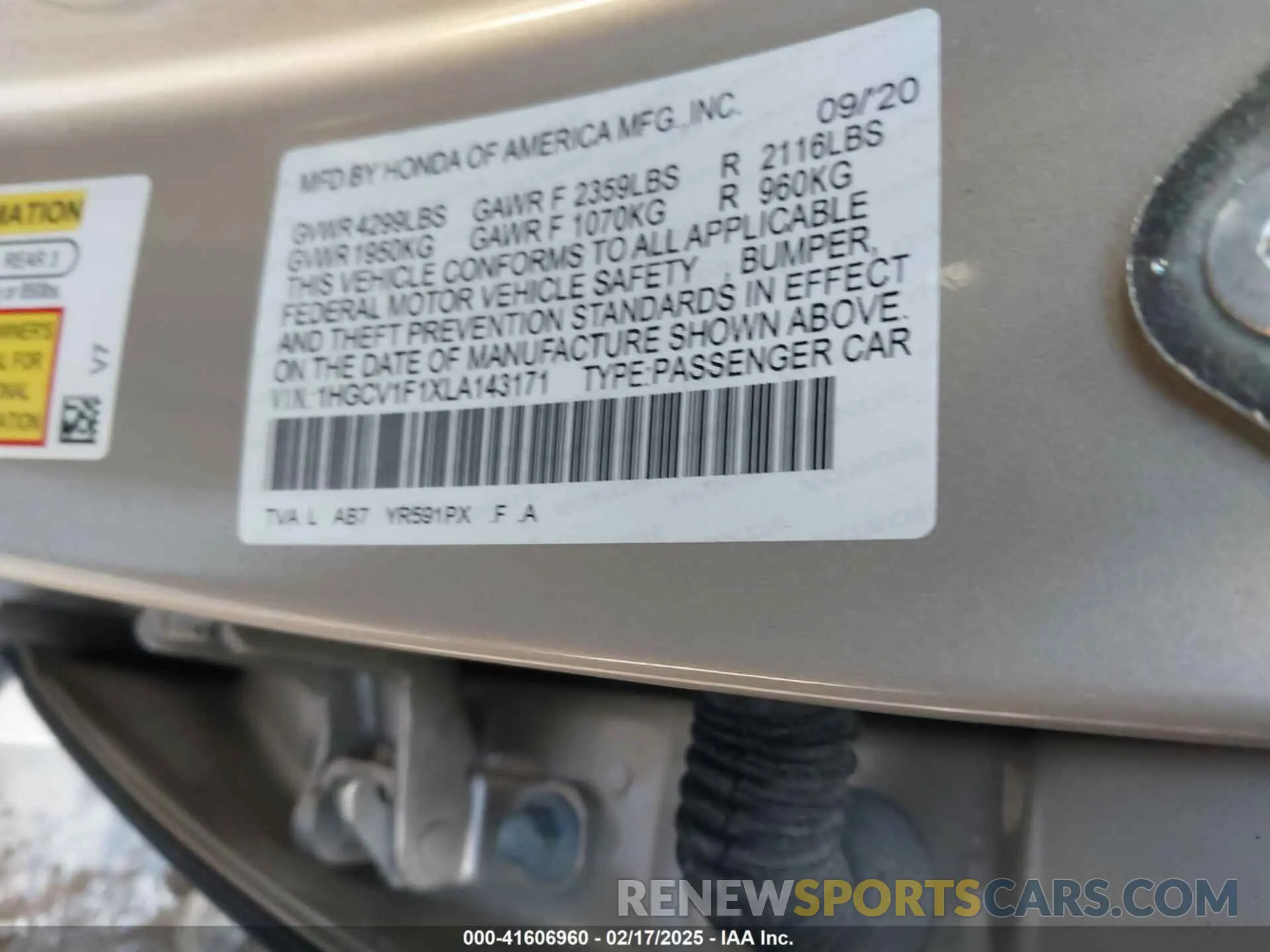 9 Фотография поврежденного автомобиля 1HGCV1F1XLA143171 HONDA ACCORD 2020