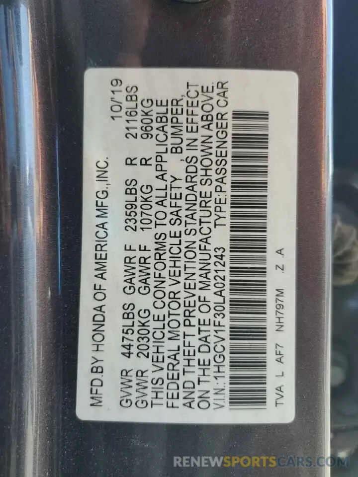 13 Фотография поврежденного автомобиля 1HGCV1F30LA021243 HONDA ACCORD 2020