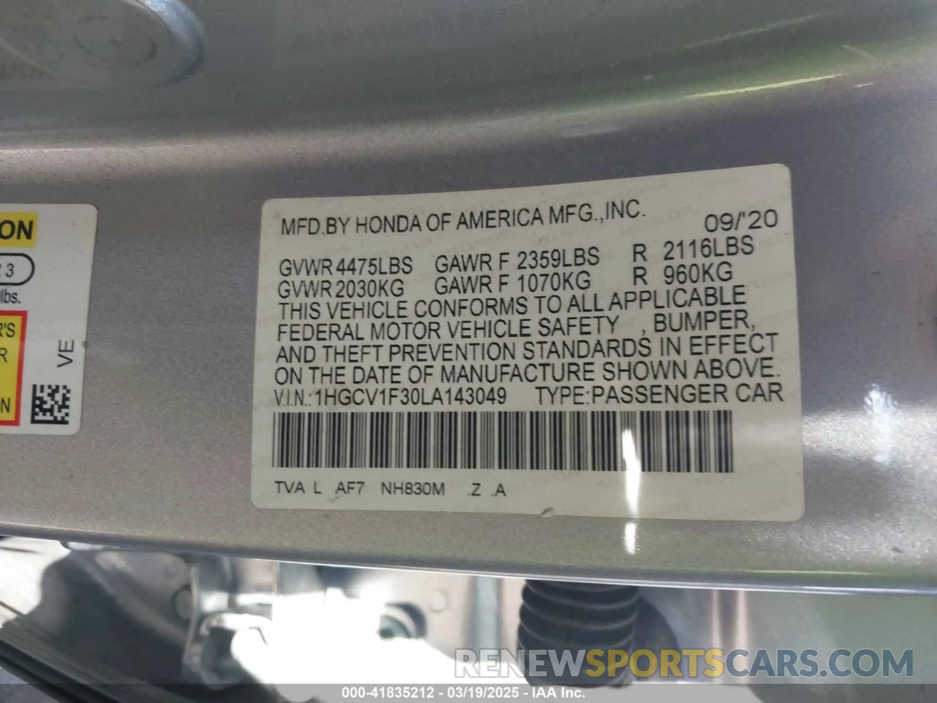 9 Photograph of a damaged car 1HGCV1F30LA143049 HONDA ACCORD 2020