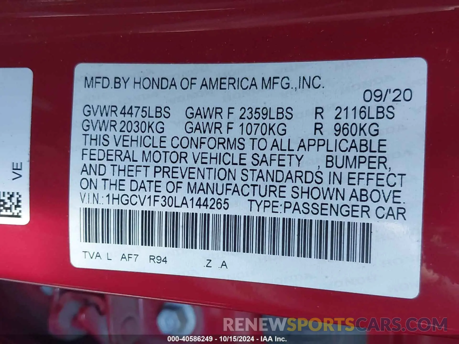 9 Photograph of a damaged car 1HGCV1F30LA144265 HONDA ACCORD 2020
