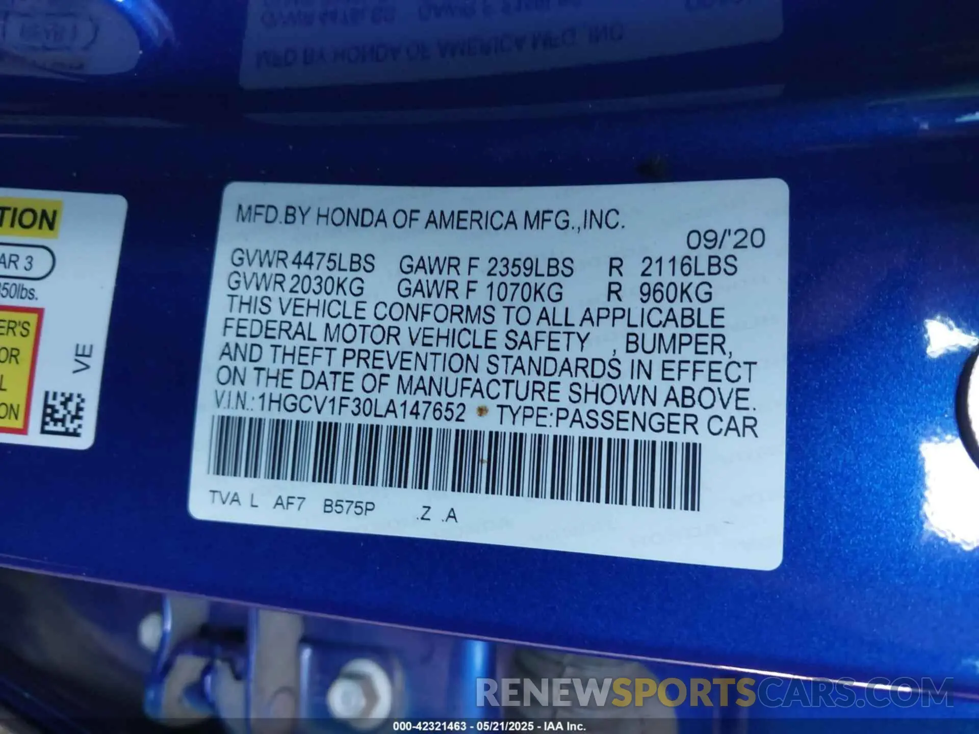 9 Фотография поврежденного автомобиля 1HGCV1F30LA147652 HONDA ACCORD 2020