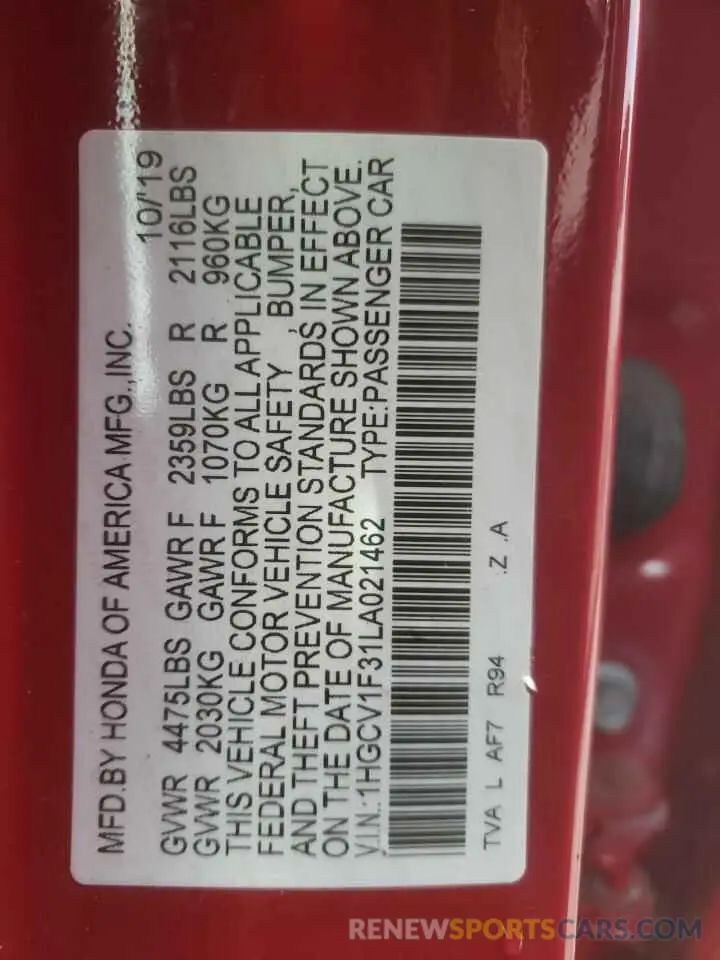 12 Фотография поврежденного автомобиля 1HGCV1F31LA021462 HONDA ACCORD 2020