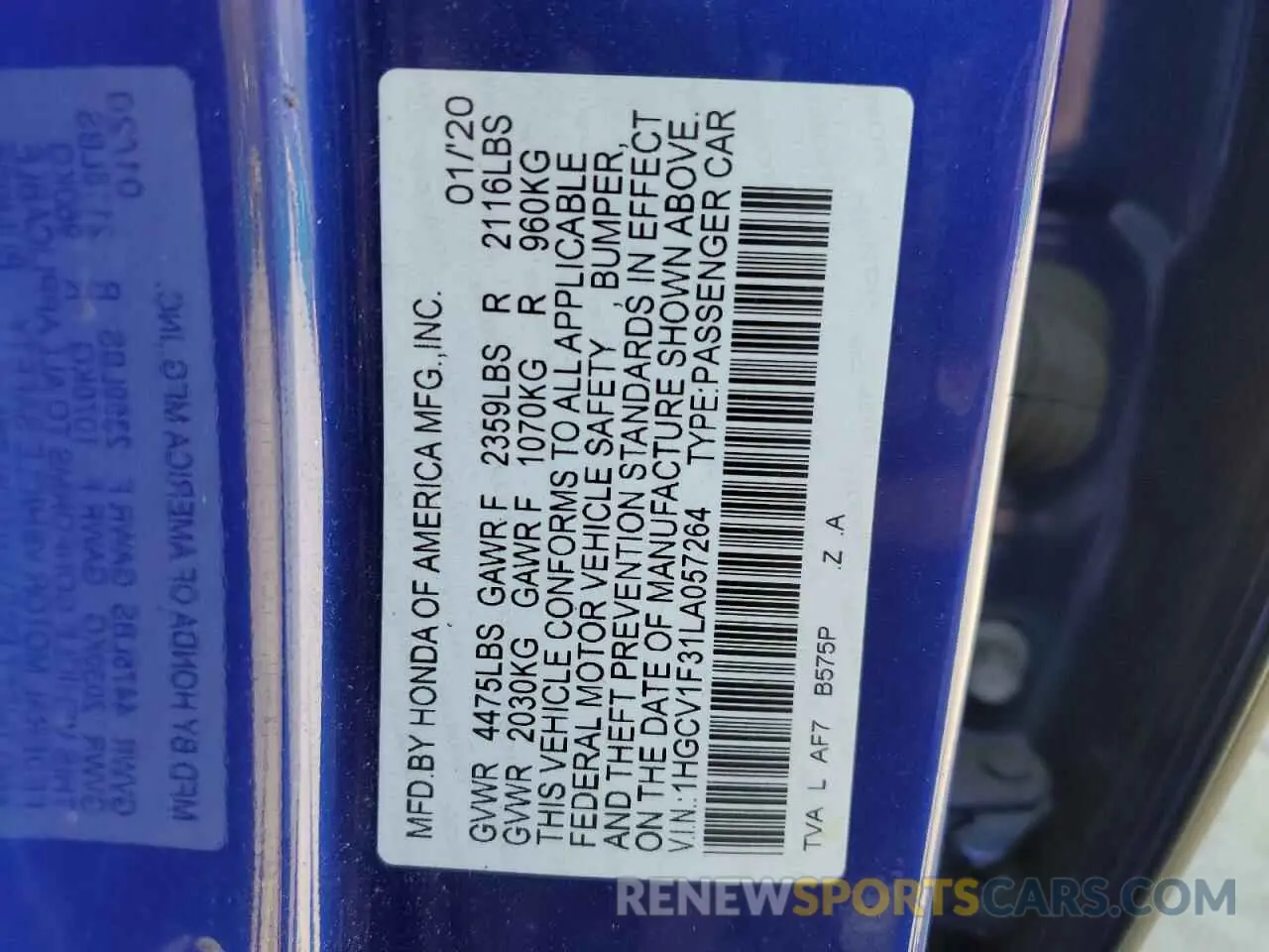 12 Фотография поврежденного автомобиля 1HGCV1F31LA057264 HONDA ACCORD 2020