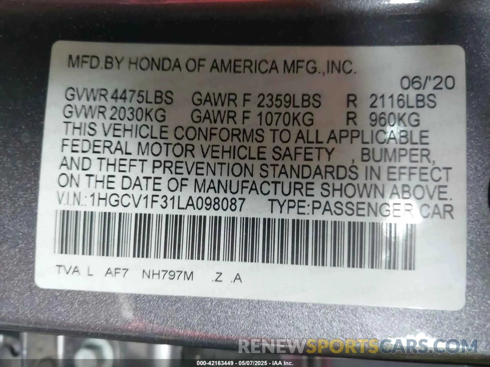 9 Photograph of a damaged car 1HGCV1F31LA098087 HONDA ACCORD 2020