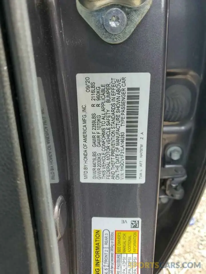12 Photograph of a damaged car 1HGCV1F31LA146283 HONDA ACCORD 2020