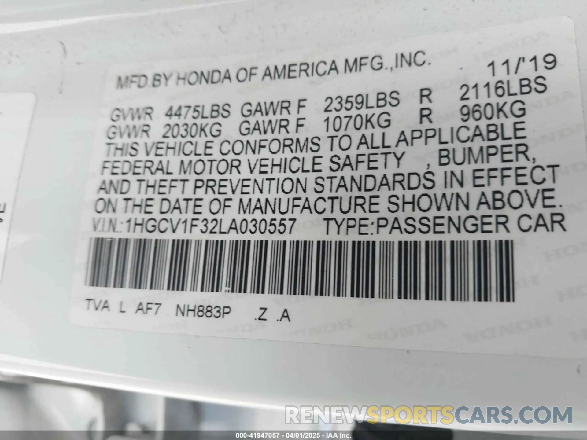 9 Фотография поврежденного автомобиля 1HGCV1F32LA030557 HONDA ACCORD 2020