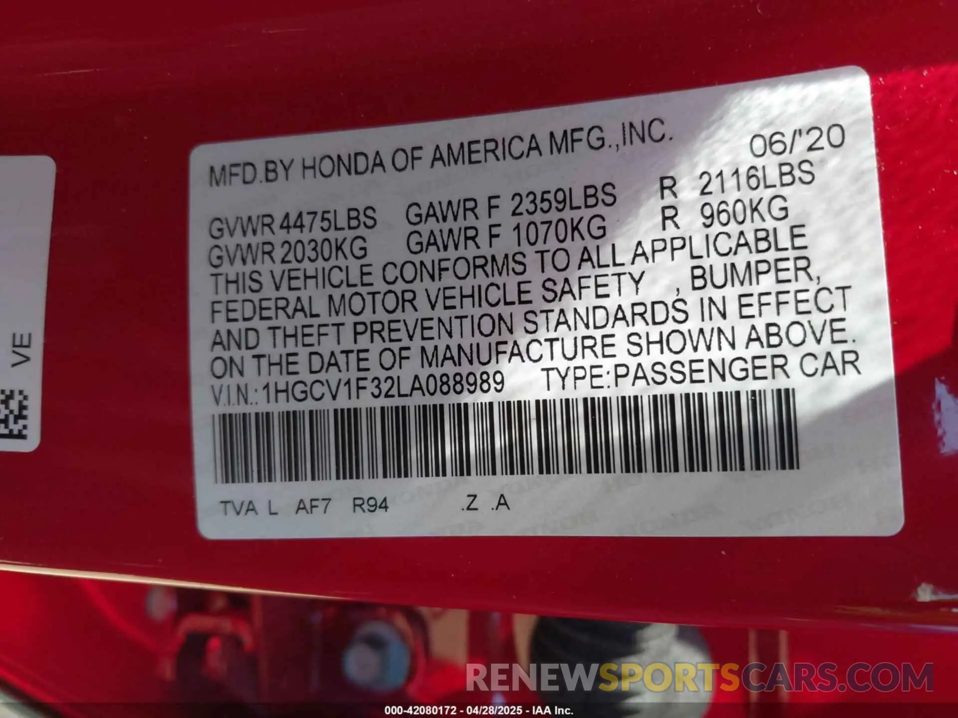 9 Фотография поврежденного автомобиля 1HGCV1F32LA088989 HONDA ACCORD 2020